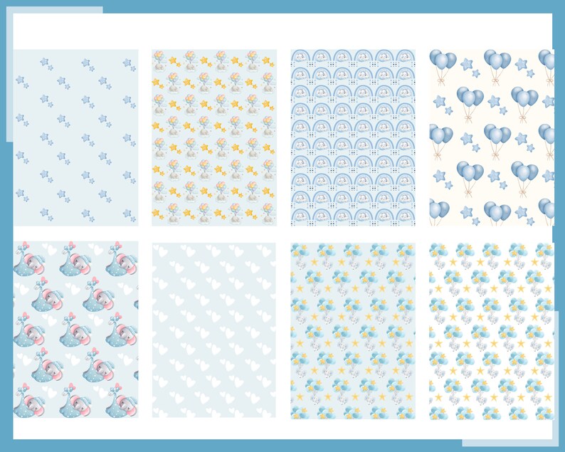 May include: A set of 10 digital paper patterns featuring various baby-themed designs. The patterns include blue stars, hearts, clouds, and elephants. The patterns are perfect for creating baby shower invitations, scrapbook pages, and other craft projects.