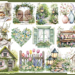 May include: Watercolor illustrations of a garden scene with a variety of elements. Includes a wooden gate, a cottage, a bench with floral pillows, a window with shutters, vases of flowers, and a heart-shaped floral arrangement. The color palette is soft and pastel.