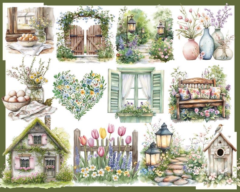 May include: Watercolor illustrations of a garden scene with a variety of elements. Includes a wooden gate, a cottage, a bench with floral pillows, a window with shutters, vases of flowers, and a heart-shaped floral arrangement. The color palette is soft and pastel.
