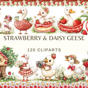 Strawberry Daisy Geese Clipart: Cottagecore Summer PNG Graphics (Digital Download