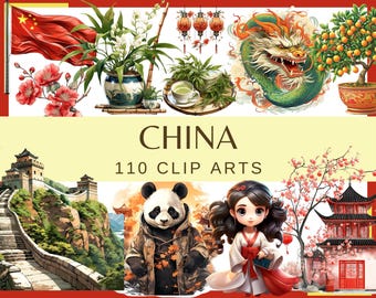 Chinese New Year Clipart: Watercolor Dragons, Lanterns (300 DPI PNG Digital Download