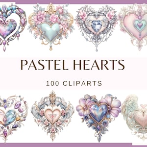 COEURS PASTEL - 100 images clipart (300 dpi, fête des mères, fond transparent, usage commercial, lot, numérique, amour, Saint-Valentin, png)