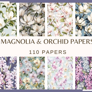 MAGNOLIA & ORCHID PATTERNS - 100 Muster (es ist kein wiederholbares Muster, keine Nähte!, 300 dpi, Kartenherstellung, digitales Papier, Bastelarbeit)