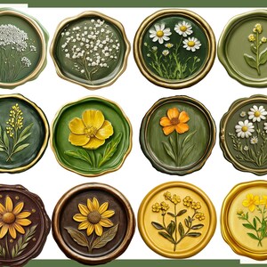 Puede incluir: Una colecci&oacute;n de doce sellos de cera decorativos con dise&ntilde;os florales. Los sellos presentan varias flores en tonos de blanco, amarillo y naranja, sobre fondos verdes, marrones y dorados. Cada sello tiene un borde dorado.