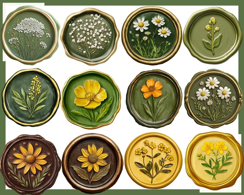 Puede incluir: Una colecci&oacute;n de doce sellos de cera decorativos con dise&ntilde;os florales. Los sellos presentan varias flores en tonos de blanco, amarillo y naranja, sobre fondos verdes, marrones y dorados. Cada sello tiene un borde dorado.