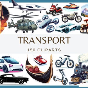 TRASPORTI - 150 clip art (Viaggio a 300 dpi, auto elettrica, bicicletta, razzo, aereo, autobus, barca, nave, mongolfiera, treno, elicottero, carro armato, scooter)