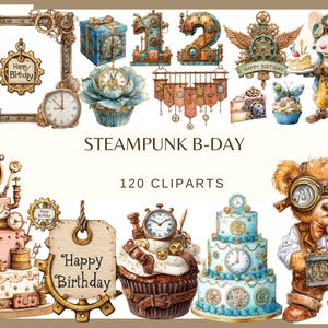 May include: A collection of steampunk-themed birthday clip art. Includes cakes, cupcakes, clocks, gears, and a mouse and bear character. The text "STEAM PUNK B-DAY" and "Happy Birthday" are visible.