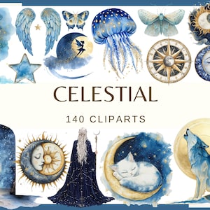 CELESTIAL - 140 clip arts (300 dpi, Galaxy Animal esoteric png occult amulet Mystic Night, Moon and Stars Graphics Fantasy Witchy Aesthetic)