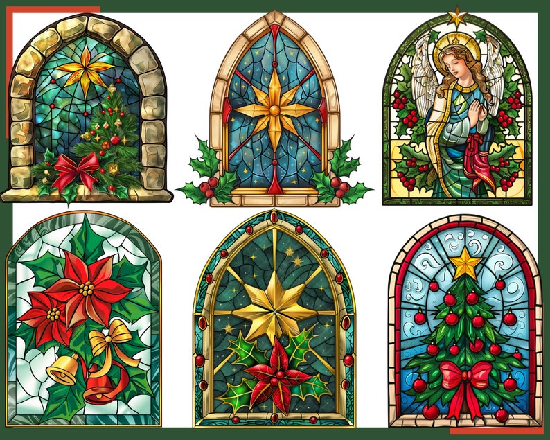 May include: Six stained glass windows with a Christmas theme. The windows feature a star, a poinsettia, a Christmas tree, a Christmas angel, and holly.