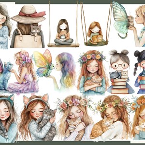 May include: Watercolor illustrations of girls with cats and butterflies. The images depict girls holding, petting, and interacting with cats. Some girls have butterfly wings. The color palette includes soft pastels and warm tones, creating a whimsical and gentle atmosphere.