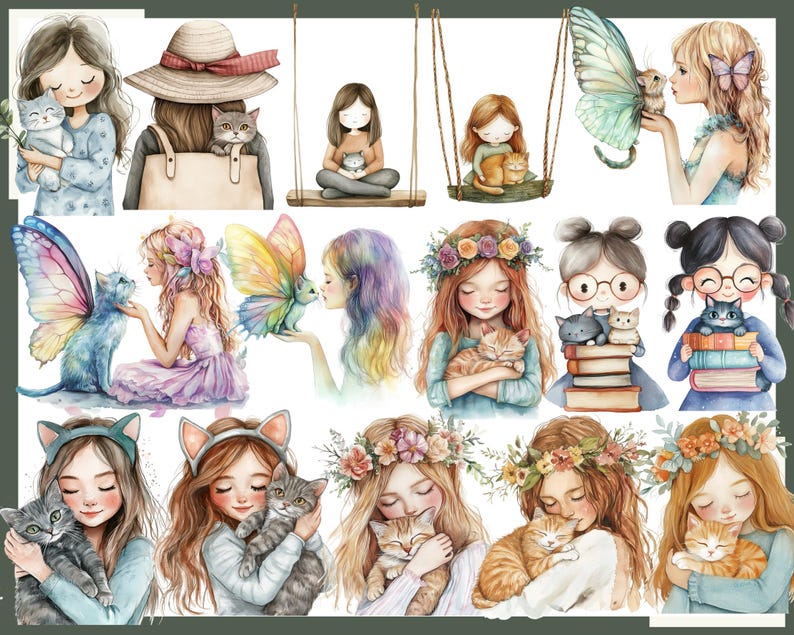May include: Watercolor illustrations of girls with cats and butterflies. The images depict girls holding, petting, and interacting with cats. Some girls have butterfly wings. The color palette includes soft pastels and warm tones, creating a whimsical and gentle atmosphere.