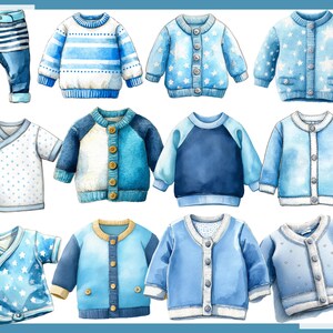 May include: Watercolor illustrations of baby clothes in various shades of blue. The image includes a pair of striped pants, sweaters, cardigans with star patterns, and wrap-style shirts. The designs feature button closures and different sleeve styles.