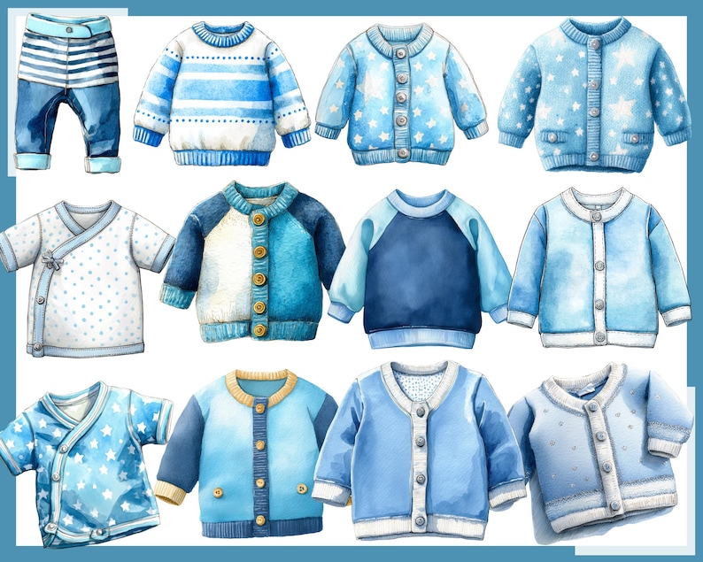 May include: Watercolor illustrations of baby clothes in various shades of blue. The image includes a pair of striped pants, sweaters, cardigans with star patterns, and wrap-style shirts. The designs feature button closures and different sleeve styles.