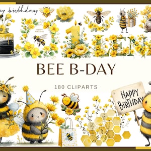 May include: A collection of watercolor bee-themed birthday clip art. Includes illustrations of bees, flowers, a cake, and the words "Happy Birthday" and "Bee B-Day". The clip art is in shades of yellow, black, and white.