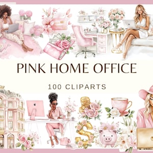 May include: Digital illustration titled "PINK HOME OFFICE" featuring various pink-themed home office elements. The image includes illustrations of women working on laptops, desks, flowers, and decorative items. The text "100 CLIPARTS" is also present.