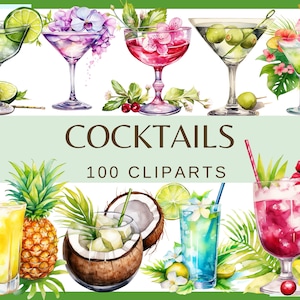 COCKTAIL - 100 clip art (300 dpi, uso commerciale, pacchetto, digitale, cocktail di fiori, birra, cocco, ananas, punch, whisky, prosecco png)