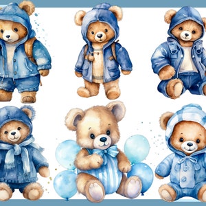 BLUE TEDDY BEAR. Baby shower for a boy, Nursery Decor 100 watercolor clip arts Transparent background, 300 dpi, commercial use png 画像 5