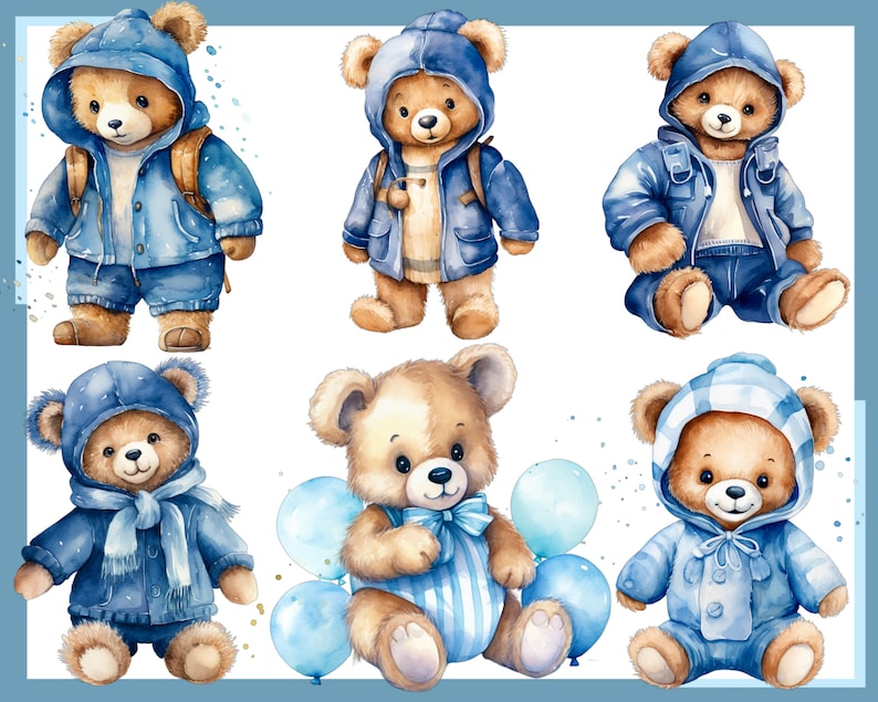 BLUE TEDDY BEAR. Baby shower for a boy, Nursery Decor 100 watercolor clip arts Transparent background, 300 dpi, commercial use png 画像 5