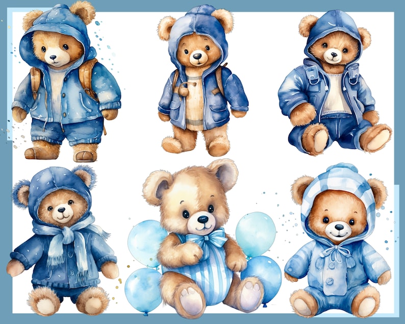 OURSON BLEU. Fête prénatale pour un garçon, décoration de chambre d'enfant 100 cliparts aquarelles arrière-plan transparent, 300 dpi, usage commercial png image 5