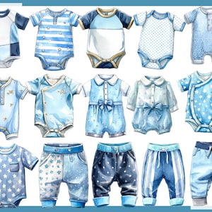 May include: Watercolor illustration of baby clothes in various shades of blue. The image features several onesies, rompers, and pants with star, stripe, and polka dot patterns. The clothing items are designed for infants and toddlers.
