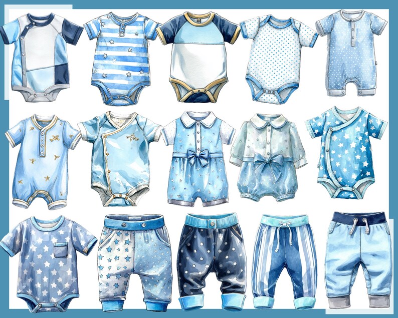 May include: Watercolor illustration of baby clothes in various shades of blue. The image features several onesies, rompers, and pants with star, stripe, and polka dot patterns. The clothing items are designed for infants and toddlers.