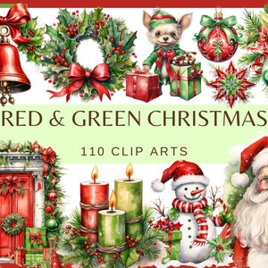 NAVIDAD ROJA Y VERDE - 110 imágenes prediseñadas (300 ppp, decoración del árbol de Navidad, chimenea de la casa, vela de osito de peluche, paquete digital, invierno, png)