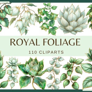 ROYAL FOLIAGE - 110 clip arts (300 dpi, Transparent background, png, bundle, digital, nature, magic leaf, tree leaves, Greenery Watercolor)