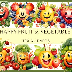 HAPPY FRUIT & VEGETABLE - 100 clip arts (300 dpi, fruit, Transparent background, bundle, digital, png, kawaii vegetable, kawaii fruit)