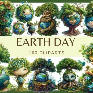 DÍA DE LA TIERRA - 100 imágenes prediseñadas (300 dpi, florales, png, naturaleza digital para salvar la tierra, follaje de hadas, planta verde, planta mágica de acuarela verde)