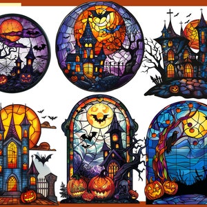 May include: Six stained glass style illustrations of Halloween scenes. Each illustration features a different scene, including a haunted house, a spooky tree, and a full moon. The illustrations are all in a dark and mysterious color palette, with shades of purple, blue, green, and orange.