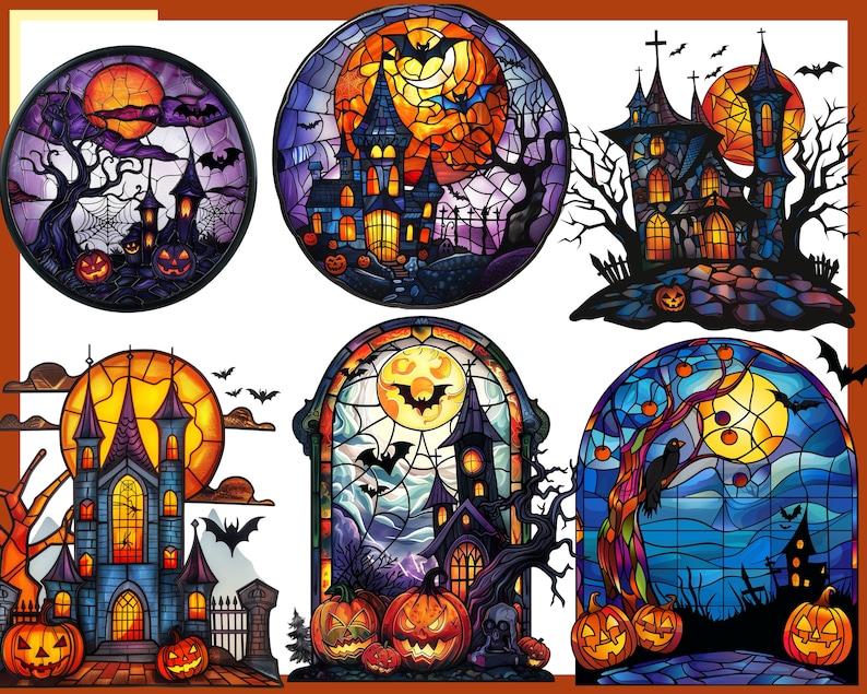 May include: Six stained glass style illustrations of Halloween scenes. Each illustration features a different scene, including a haunted house, a spooky tree, and a full moon. The illustrations are all in a dark and mysterious color palette, with shades of purple, blue, green, and orange.