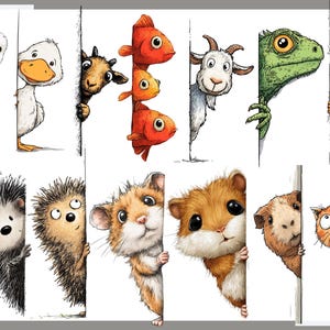 May include: A charming illustration showcases various cartoon animals, such as a duck, goat, and goldfish, peeking from behind white panels. Other animals include a hedgehog, hamster, guinea pig, and cat, each with a distinct expression.