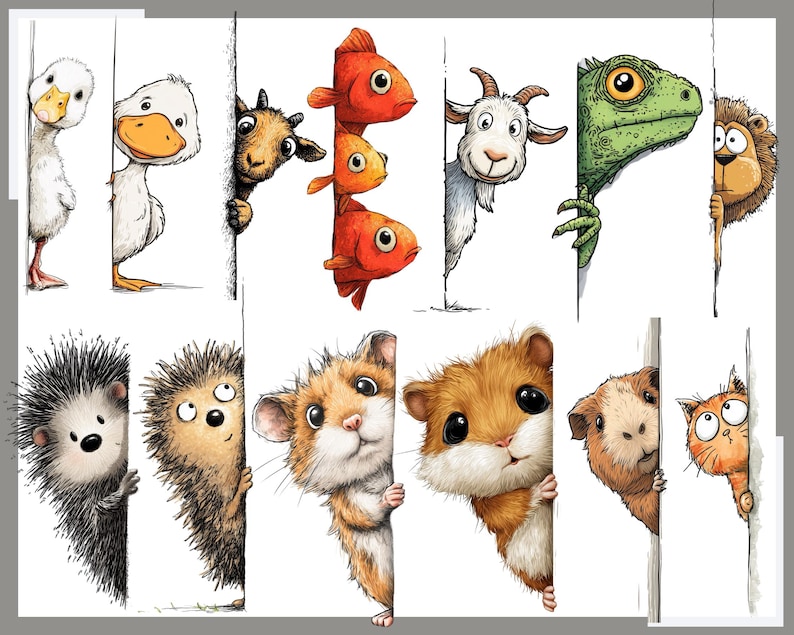 May include: A charming illustration showcases various cartoon animals, such as a duck, goat, and goldfish, peeking from behind white panels. Other animals include a hedgehog, hamster, guinea pig, and cat, each with a distinct expression.