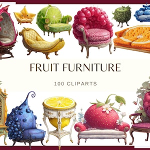 Puede incluir: Una colección de imágenes prediseñadas de muebles con temática de frutas. La imagen presenta varias sillas, sofás y armarios diseñados para parecerse a frutas como fruta del dragón, limón, frambuesa y naranja. El texto "FRUIT FURNITURE" y "100 CLIPARTS" también es visible.