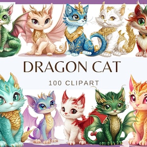 DRAAKKATTEN - 100 aquarel clip arts (300 dpi magisch kitten, kawaii kitten, fantasiekat, schattige kat, gouden kitten)