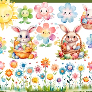 MIGNONNE PÂQUES KAWAII 100 cliparts aquarelles arrière-plan transparent, papier numérique de Pâques 300 dpi, vacances de printemps, usage commercial png image 2