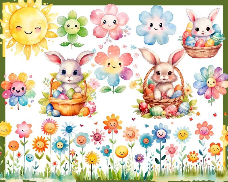 MIGNONNE PÂQUES KAWAII 100 cliparts aquarelles arrière-plan transparent, papier numérique de Pâques 300 dpi, vacances de printemps, usage commercial png image 2