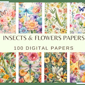 Papiers INSECTES ET FLEURS - 100 papiers numériques (il ne s'agit pas d'un motif reproductible (pas transparent), 300 dpi, floral, mante religieuse, libellule)