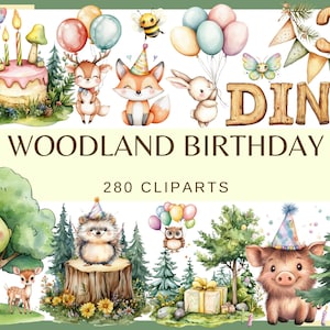 WOODLAND BIRTHDAY - 280 clip arts (300 dpi, forest friends summer nature creature animal stump tree flower kid's birthday party invitation)
