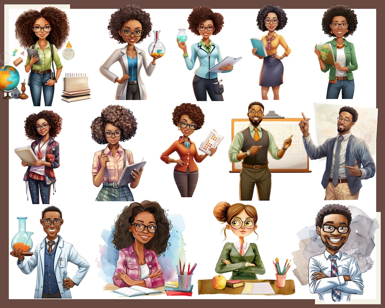 May include: A group of diverse teachers, some holding books, others holding lab equipment, and some standing in front of a whiteboard. The teachers are all smiling and appear to be happy and engaged in their work.