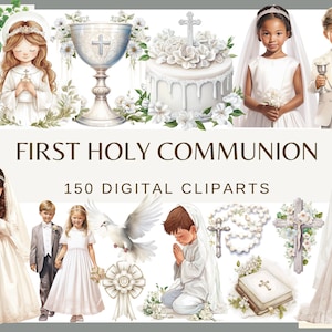 PRIMERA COMUNIÓN - 150 imágenes prediseñadas de acuarela (Rosario, Paloma, Bautizo, Primera Comunión, Niña, Niño, Bautizo, 300 dpi, Png, Copa de Iglesia)