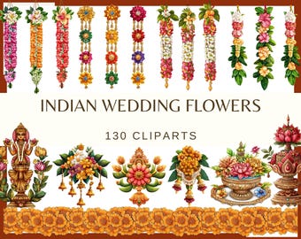 Puede incluir: Una colección de 130 imágenes de clipart de flores de boda indias. Las imágenes incluyen guirnaldas de flores, arreglos florales y una estatua de deidad. El texto "INDIAN WEDDING FLOWERS 130 CLIPARTS" se muestra en la parte superior de la imagen.