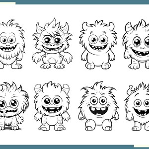 May include: Black and white line art illustrations of eight different cartoon monsters with big eyes and toothy grins. The monsters are all standing on their two feet and have different fur and hair styles.