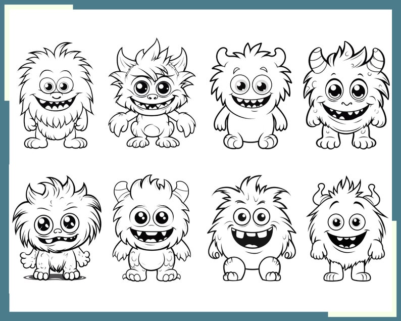 May include: Black and white line art illustrations of eight different cartoon monsters with big eyes and toothy grins. The monsters are all standing on their two feet and have different fur and hair styles.