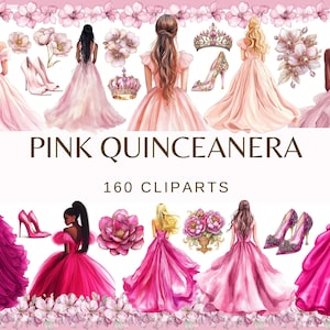 QUINCEANERA ROSA - 160 clip art acquerellate (elementi fai da te per inviti per Quince Años, corona per abito da principessa, ballo di fine anno per Quinceanera)