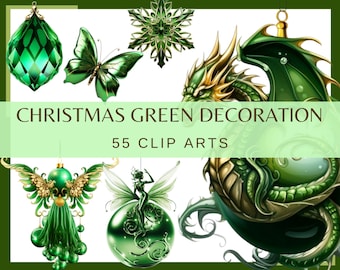 CHRISTMAS GREEN DECORATIONS - 55 clip arts (300 dpi, Christmas, Transparent background, commercial use, bundle, digital, png, decor)