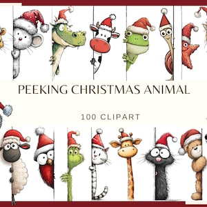 May include: A collection of 100 digital illustrations featuring various animals wearing red and white Santa hats, peeking from behind vertical white panels. The text PEEKING CHRISTMAS ANIMAL and 100 CLIPART is centered in the middle of the image.