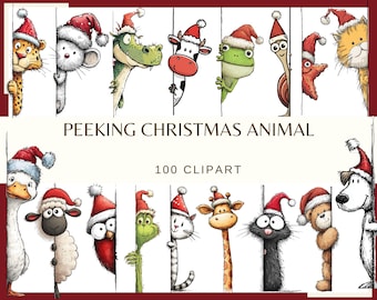 Peeking Christmas Animals: 100 PNG, 300 DPI Festive Winter Journal Elements, Christmas Scrapbook (Commercial Use, Digital)