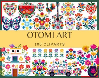 May include: A collection of colorful Otomi art cliparts. The image features various floral and animal designs, including a butterfly, a guitar, and a car, all adorned with vibrant patterns. The text "OTOMI ART" and "100 CLIPARTS" are also visible.