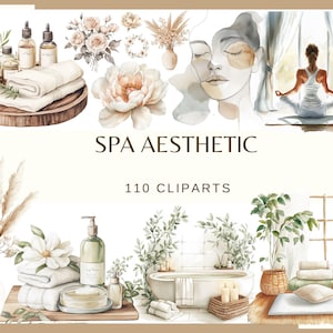 May include: A watercolour illustration with spa-themed elements. The image shows a wooden tray with rolled towels, essential oil bottles, and candles. The text "SPA AESTHETIC" and "110 CLIPARTS" are also visible.